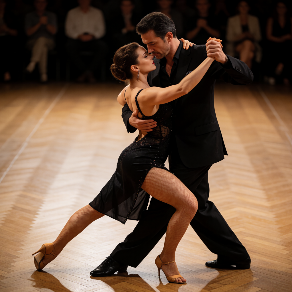 Two tango dancers in a close embrace, the man dipping the wo