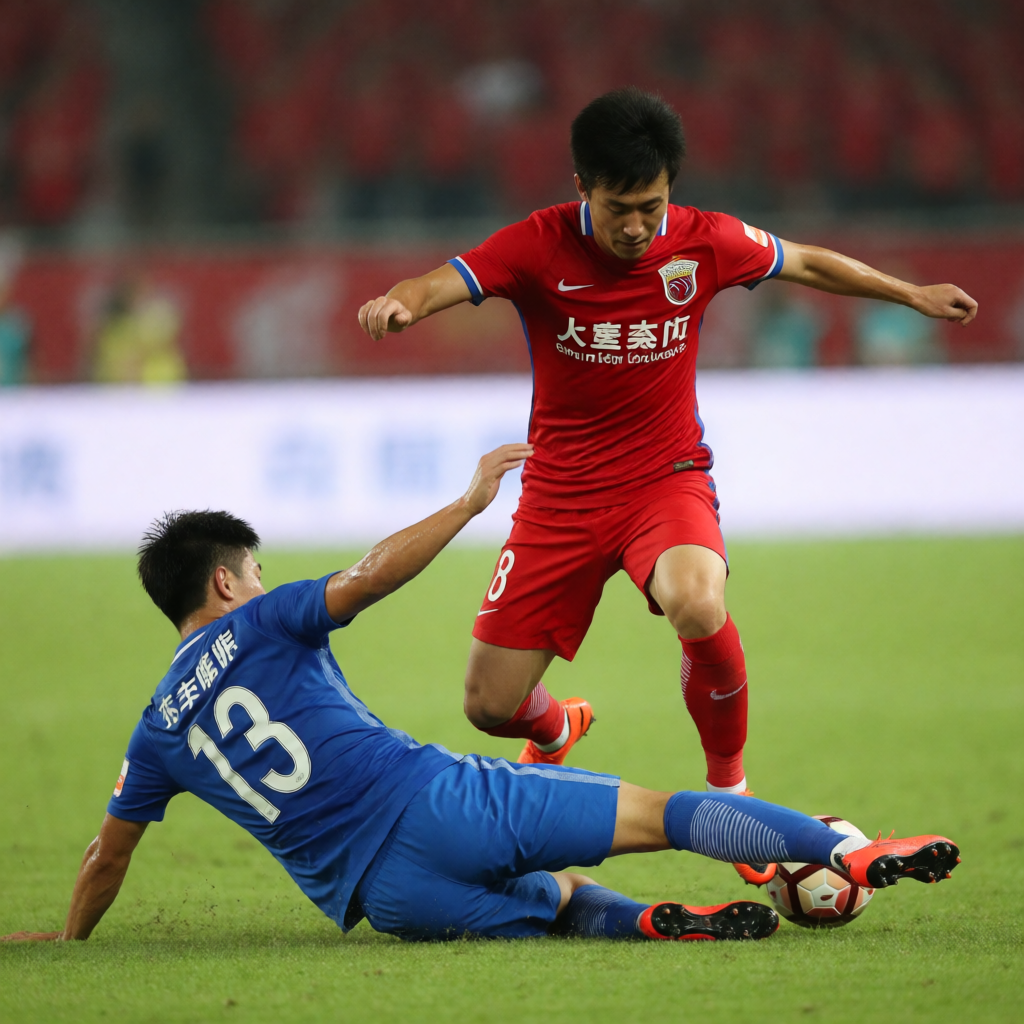Two soccer players mid-tackle, one sliding and the other jum