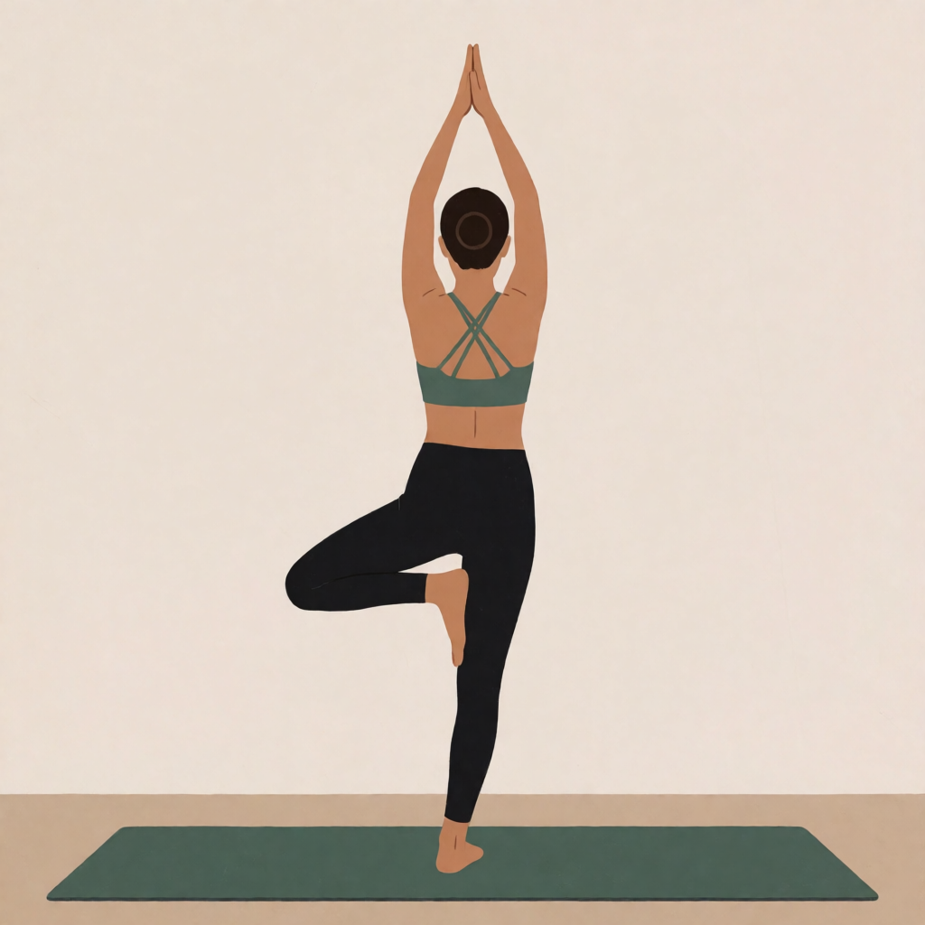 A person in a yoga tree pose — standing on one leg with the 