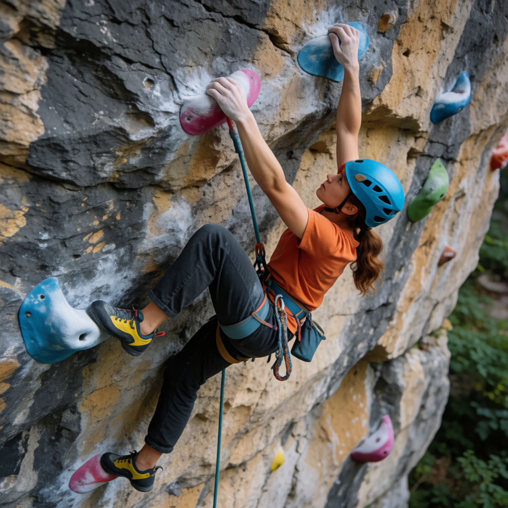 A rock climber clinging to a cliff face with arms and legs e