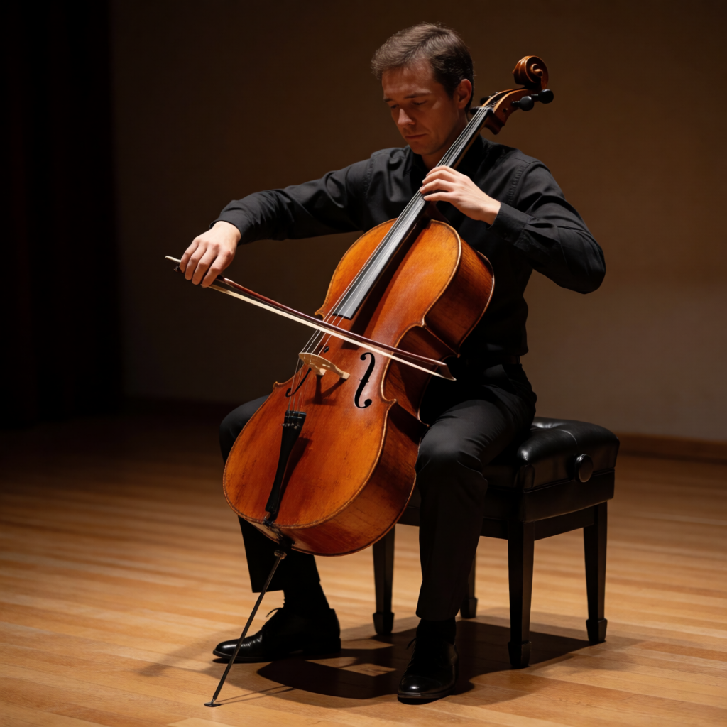 A cellist seated with correct posture, legs around the instr