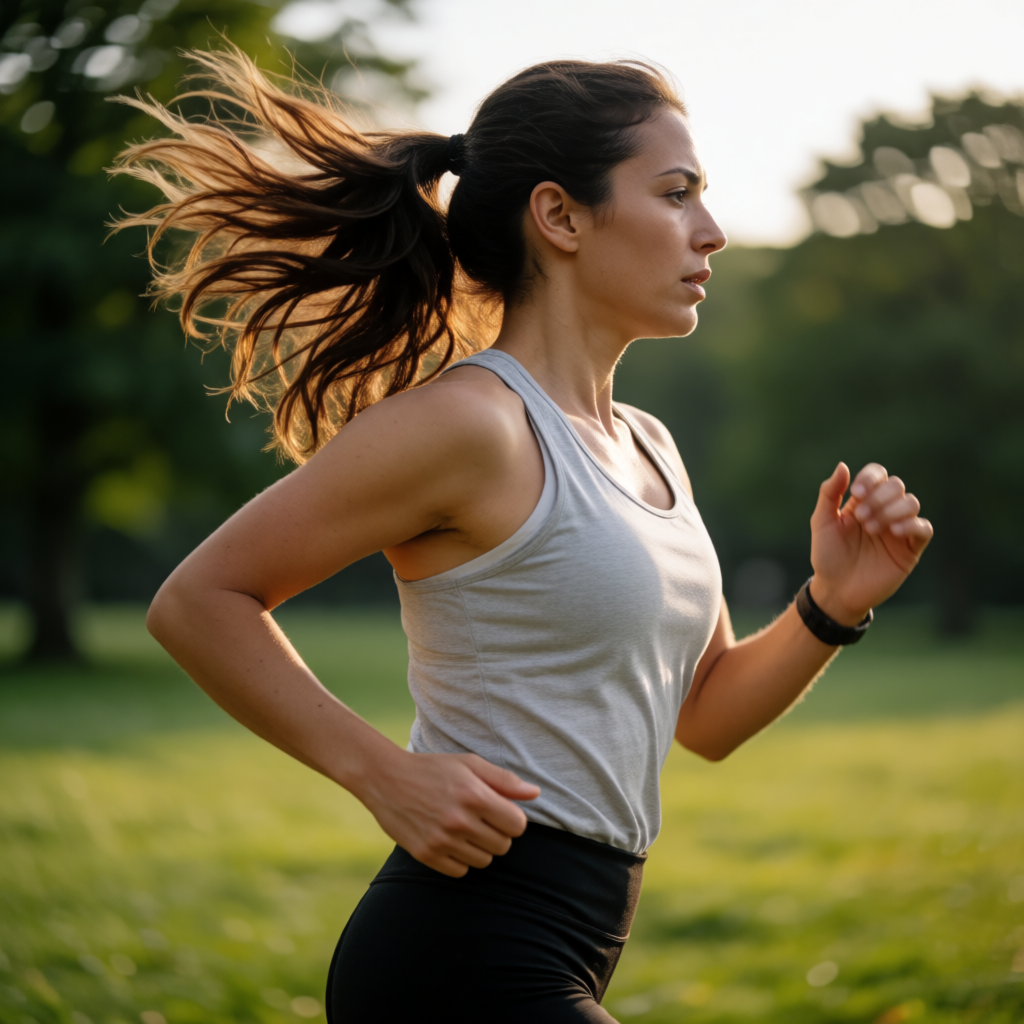 A woman mid-stride running through a park, hair and clothes 