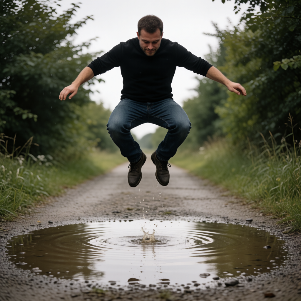 A man captured mid-jump over a puddle, body in the air with 