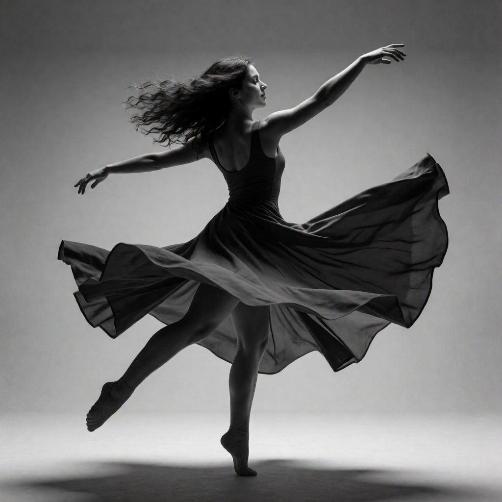 A dancer in a dynamic spin, dress flowing outward with one l