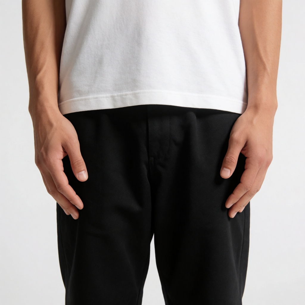 A person standing with both hands visible at their sides, fi