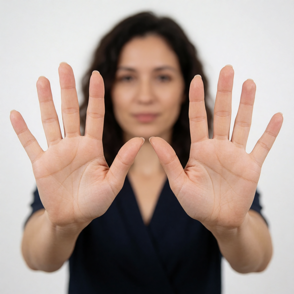 A woman holding her hands out in front of her palms-up, all 