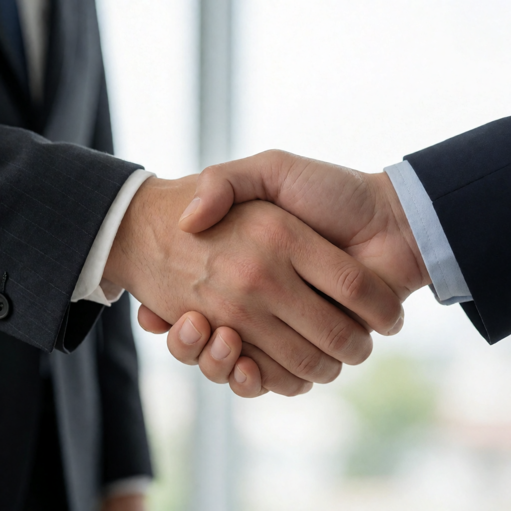 Two people shaking hands in a professional setting, all fing