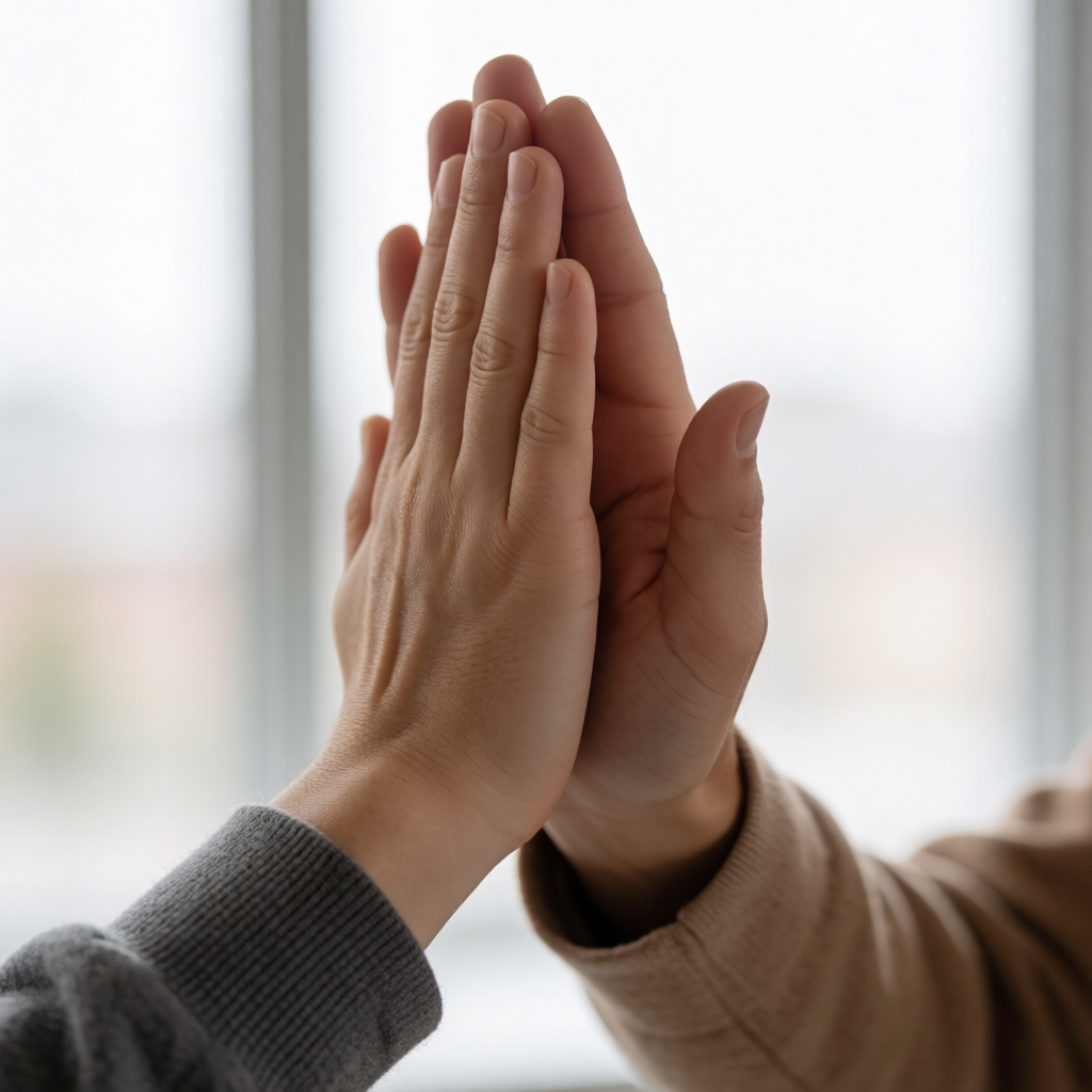Two people doing a high-five, palms meeting with all fingers