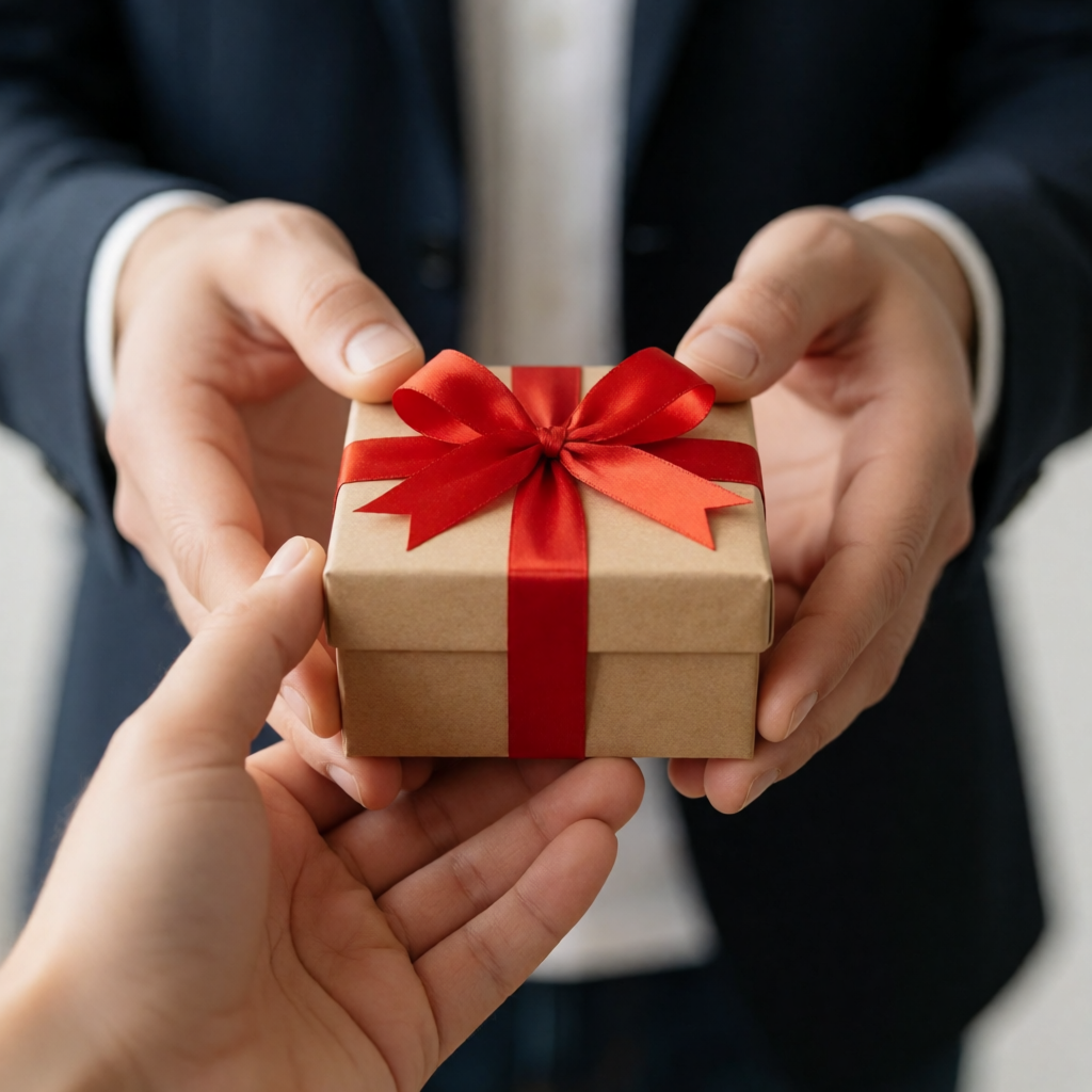 One person handing a small gift box to another person, both 