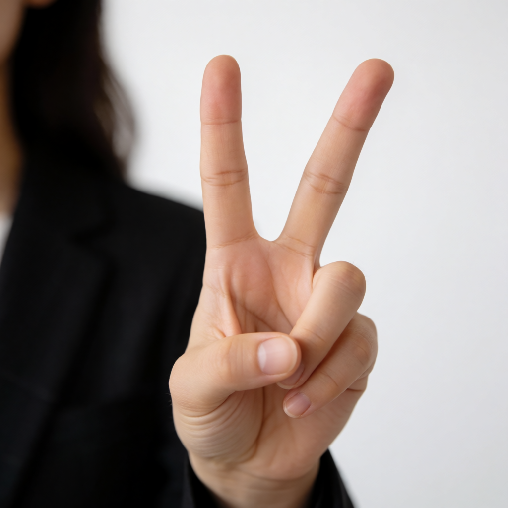 A person making a peace sign with their right hand, clearly 