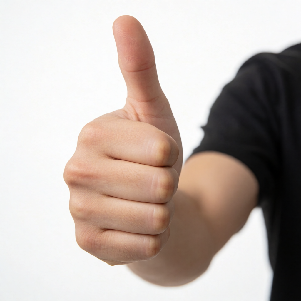A hand giving a thumbs-up with four fingers curled and thumb