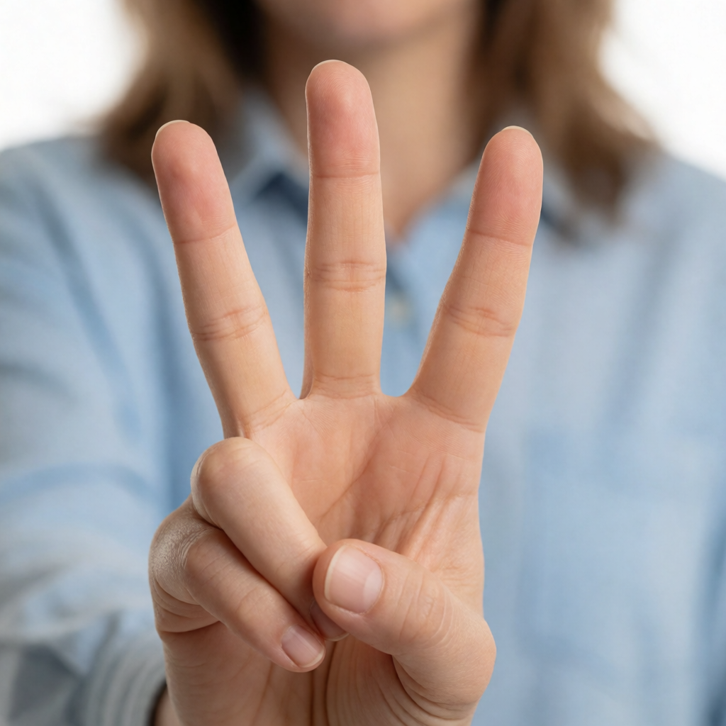 A person counting to three on their fingers, with index, mid