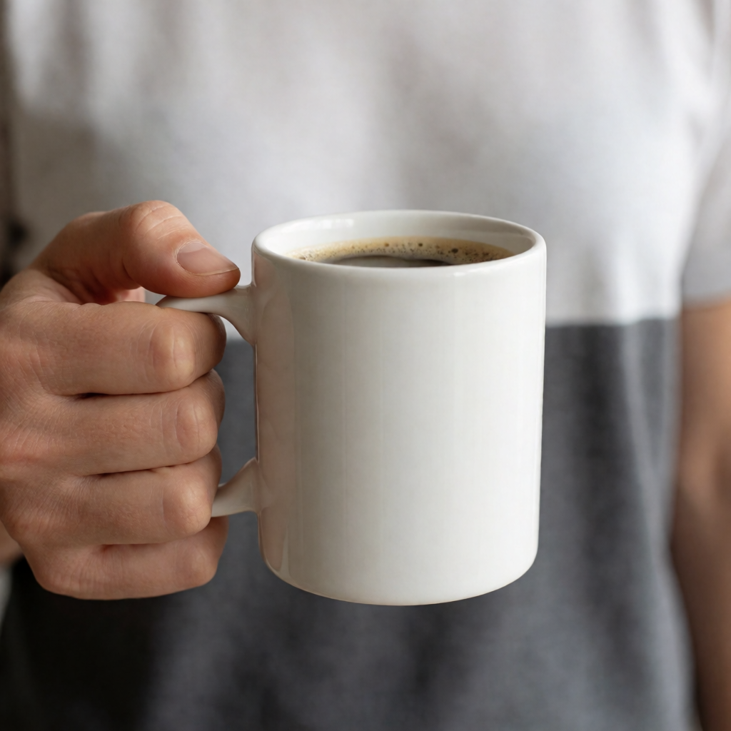 A person holding a white ceramic coffee mug by the handle wi
