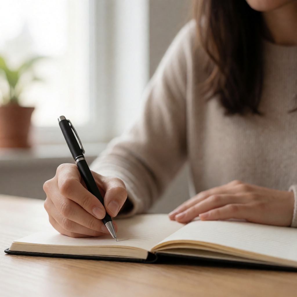 A woman writing in a notebook with a pen gripped correctly i
