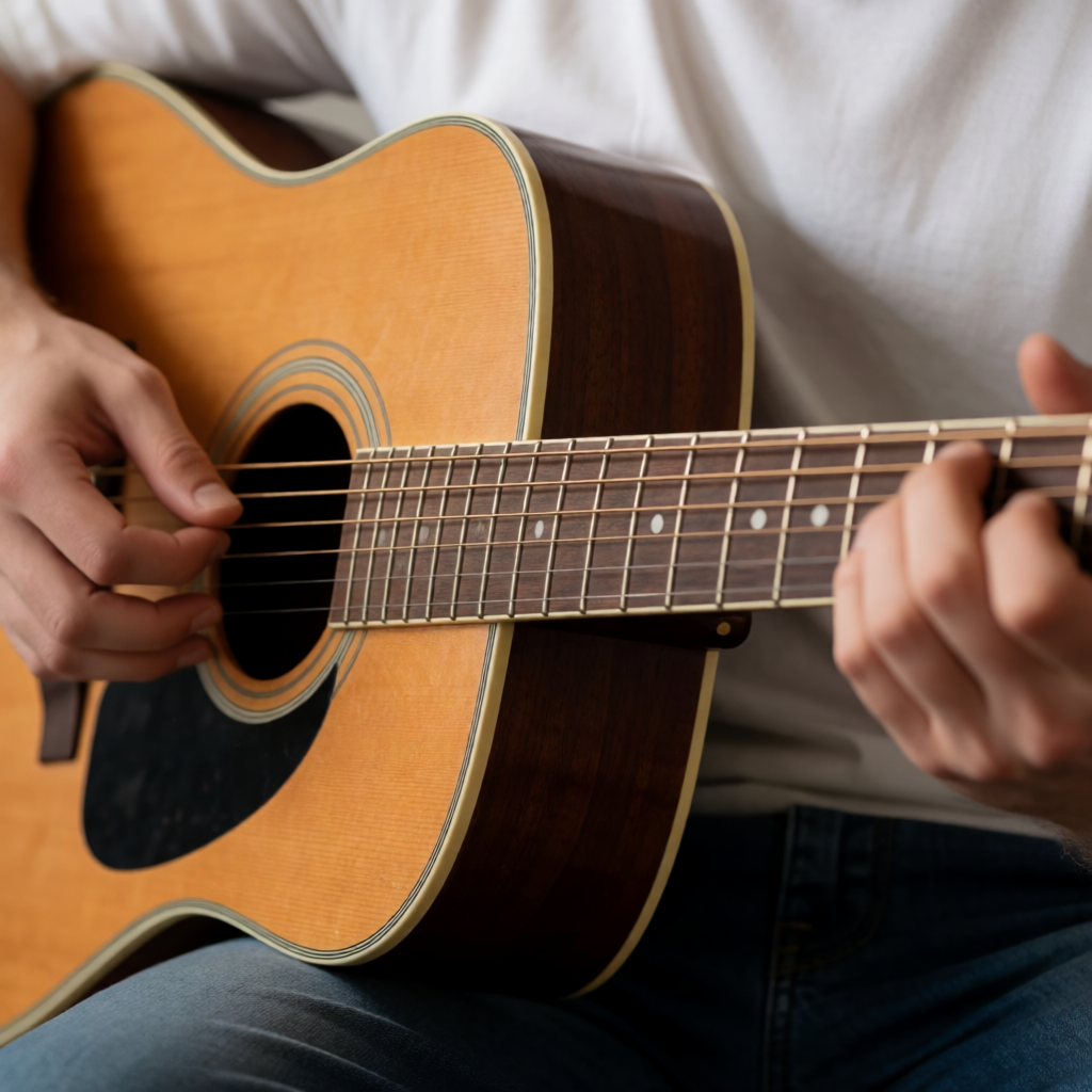 A person playing an acoustic guitar with left hand on the fr