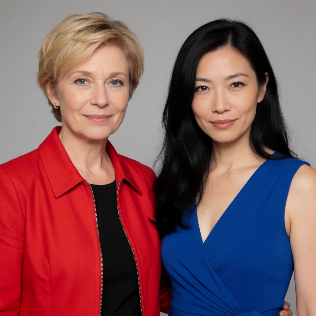 Two women standing side by side: one with short blonde hair 