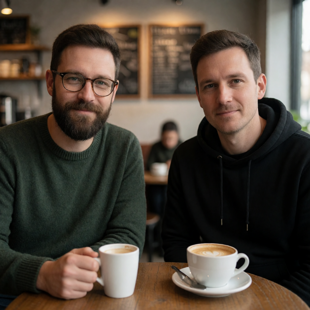 Two men at a cafe: one with a beard and glasses wearing a gr