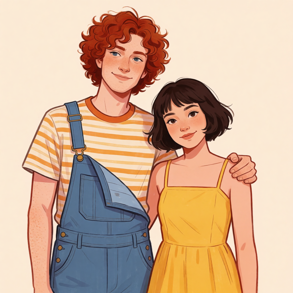 Two friends posing: one tall with curly red hair in denim ov
