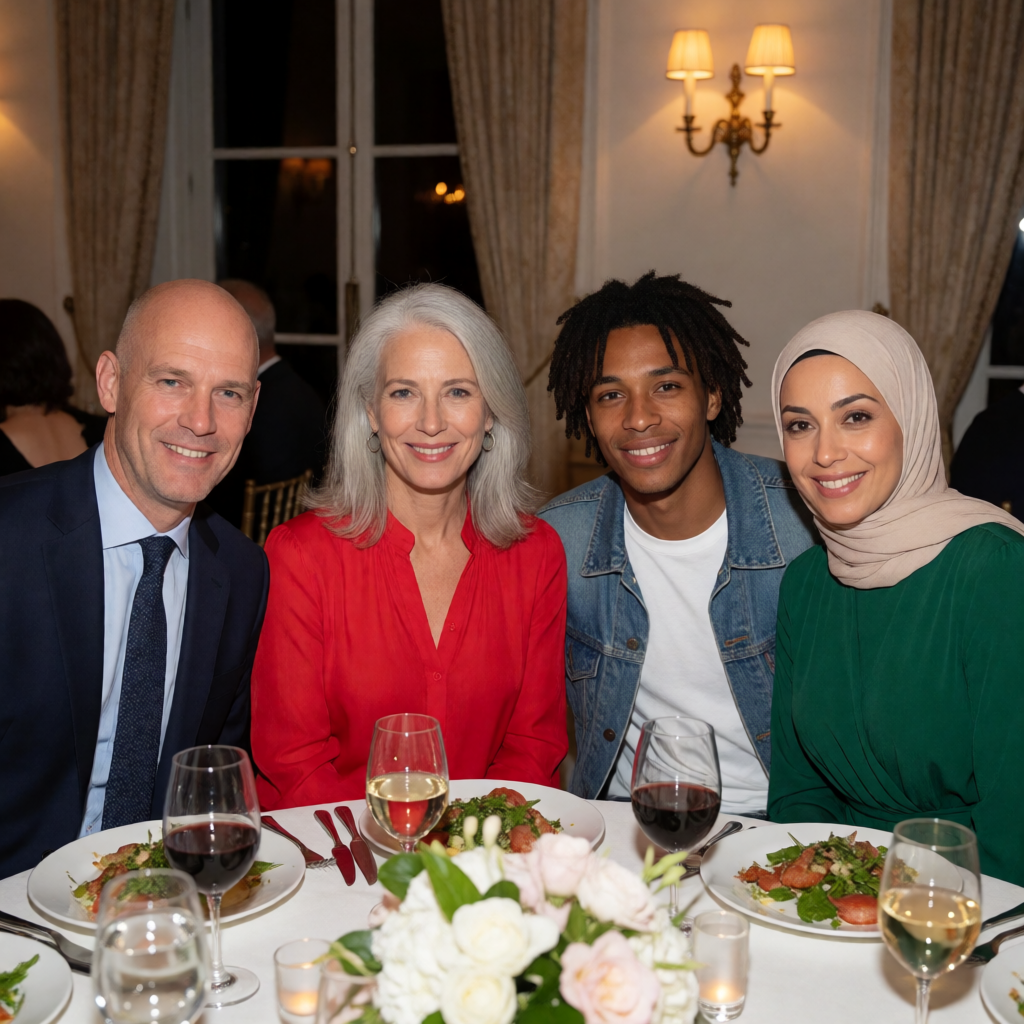 Four people at a dinner table: a bald man in a suit, a woman