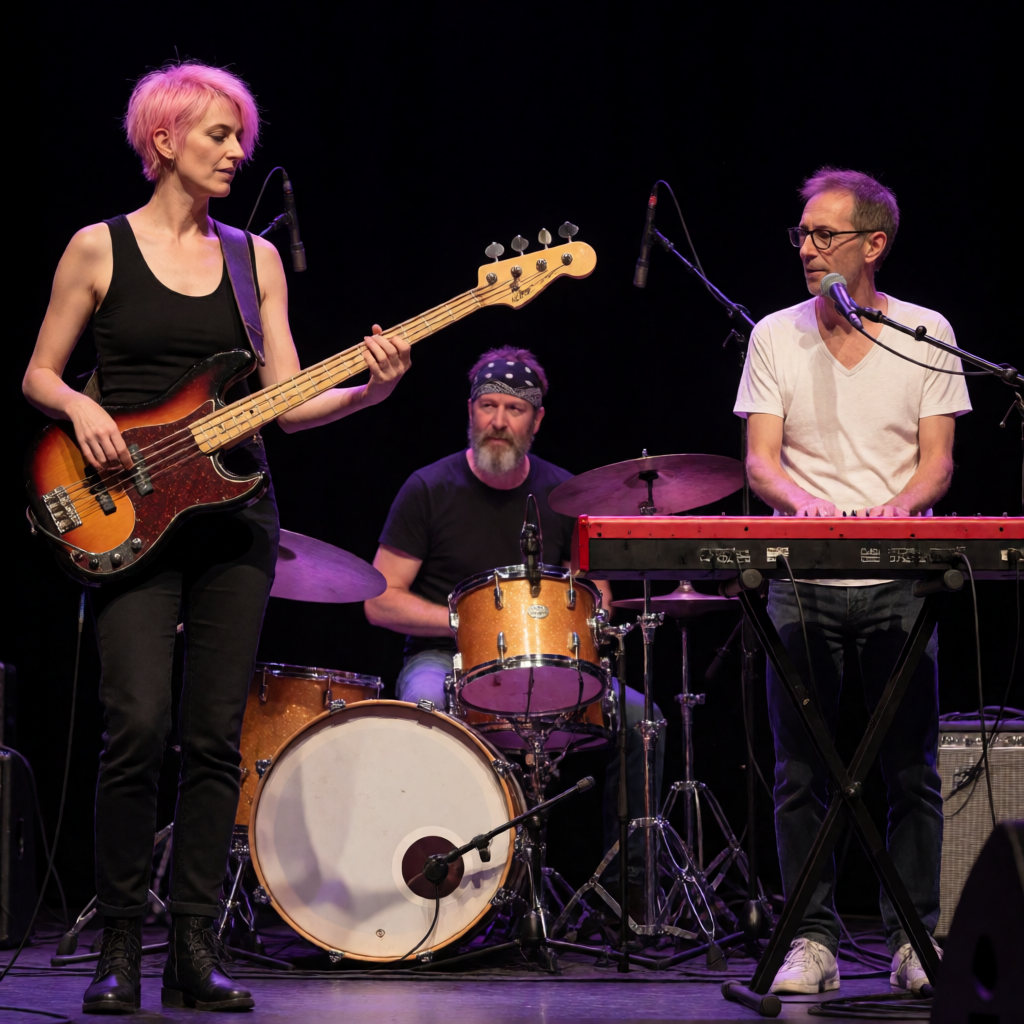 Three musicians on stage: a tall woman with short pink hair 