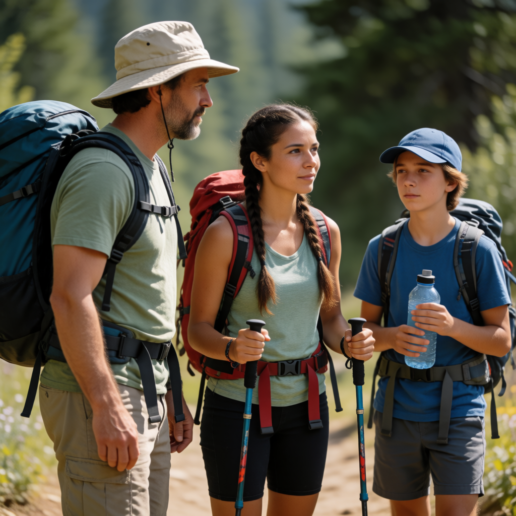 Three hikers on a trail: a man with a backpack and sunhat, a