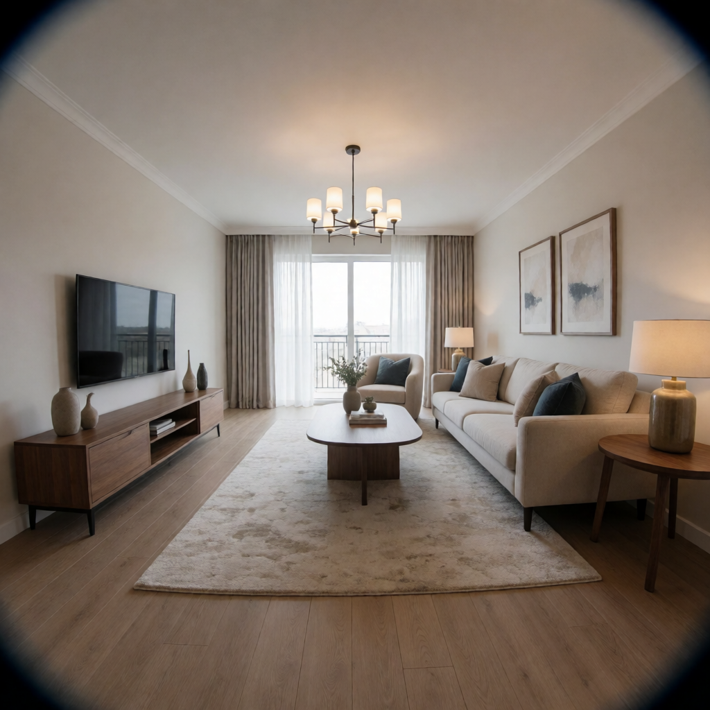A wide-angle shot of a modern living room interior showing e