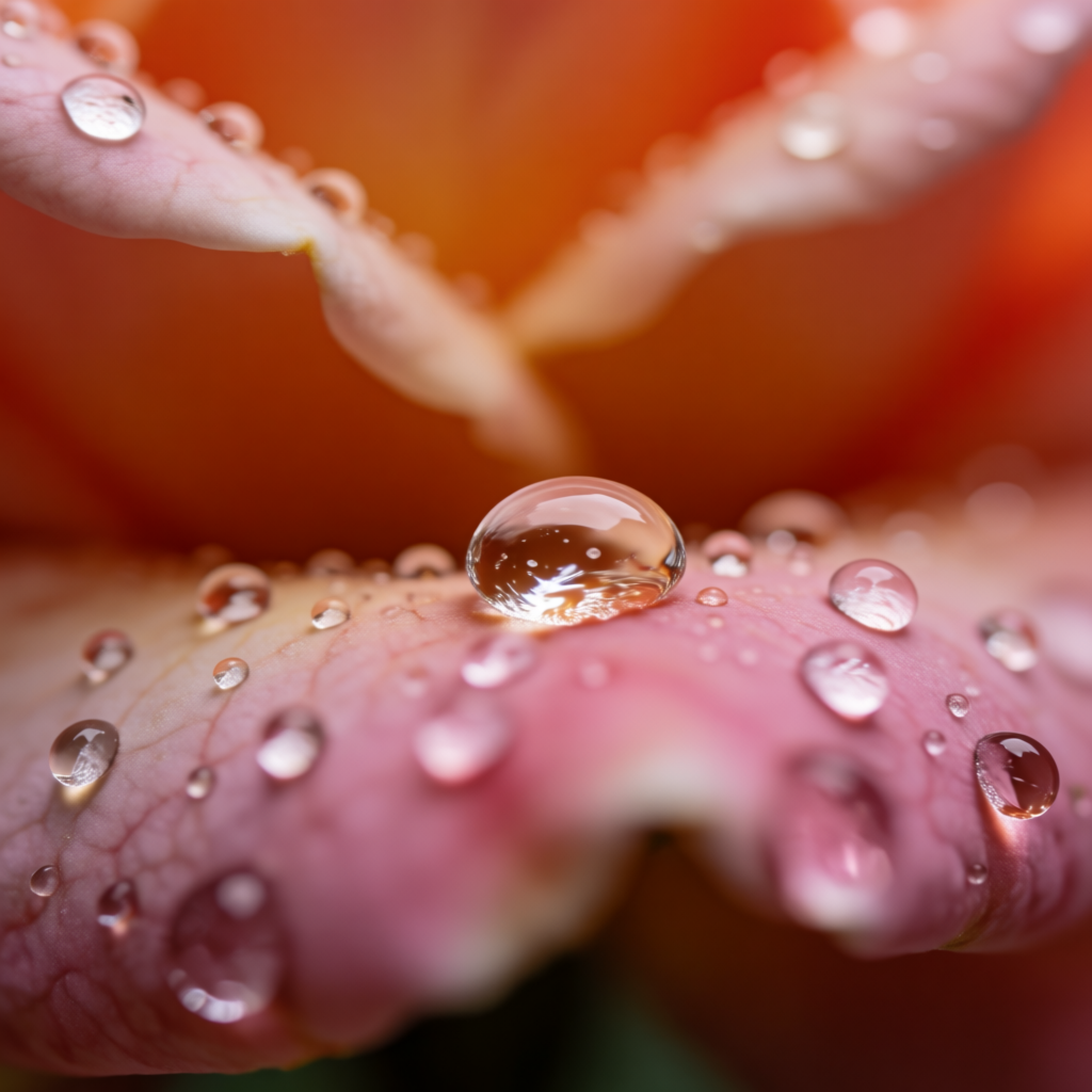 A close-up macro shot of a single dewdrop on a rose petal, s