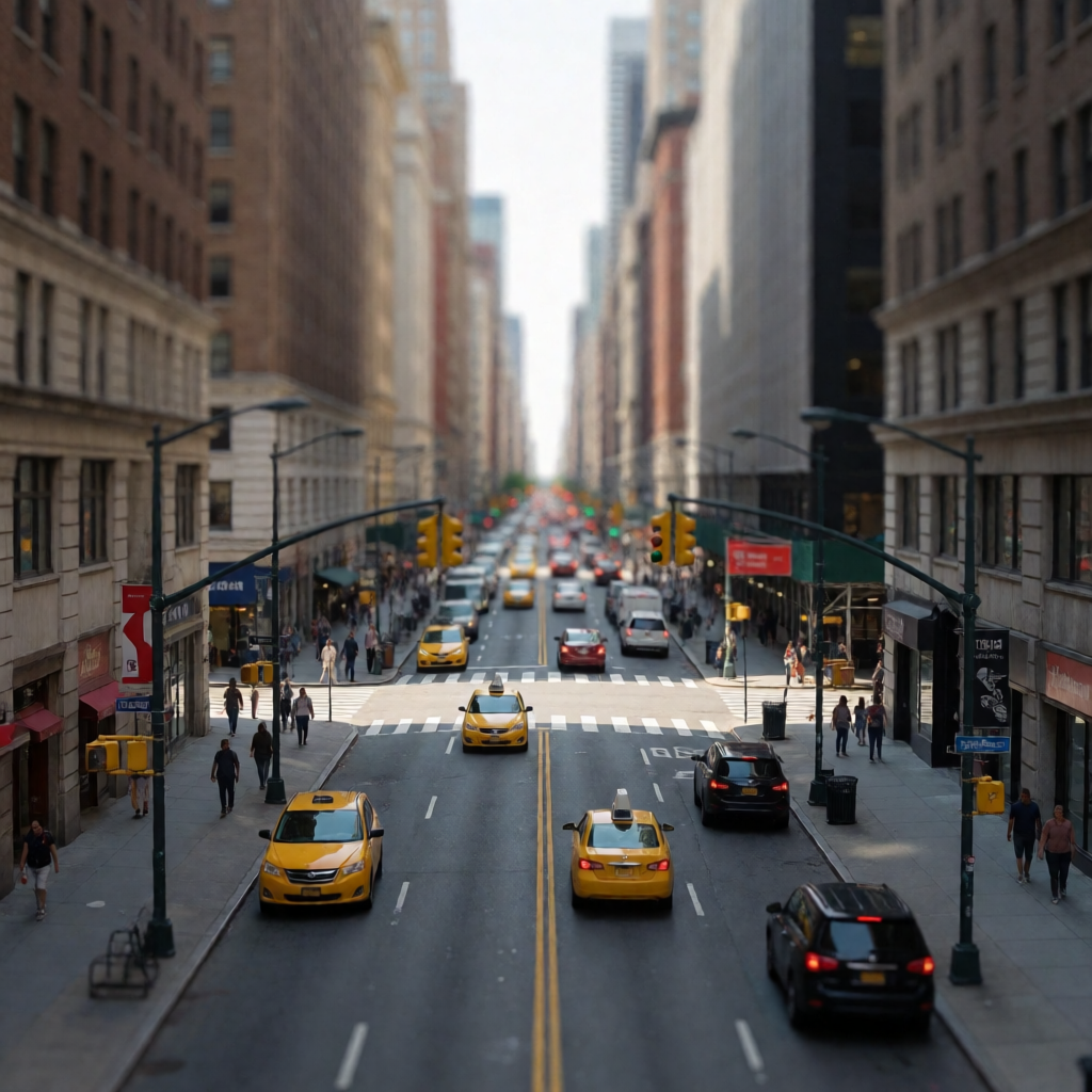 A tilt-shift photograph of a city street making real-life lo