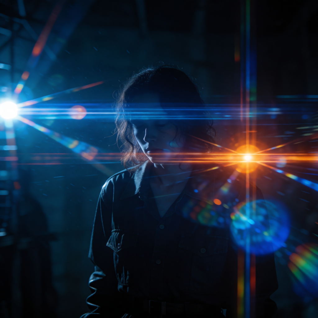 A cinematic frame with blue and orange anamorphic lens flare
