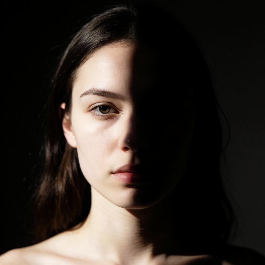 A portrait with dramatic split lighting — half the face brig