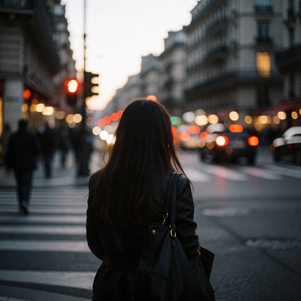 A street photograph with shallow depth of field as if shot a