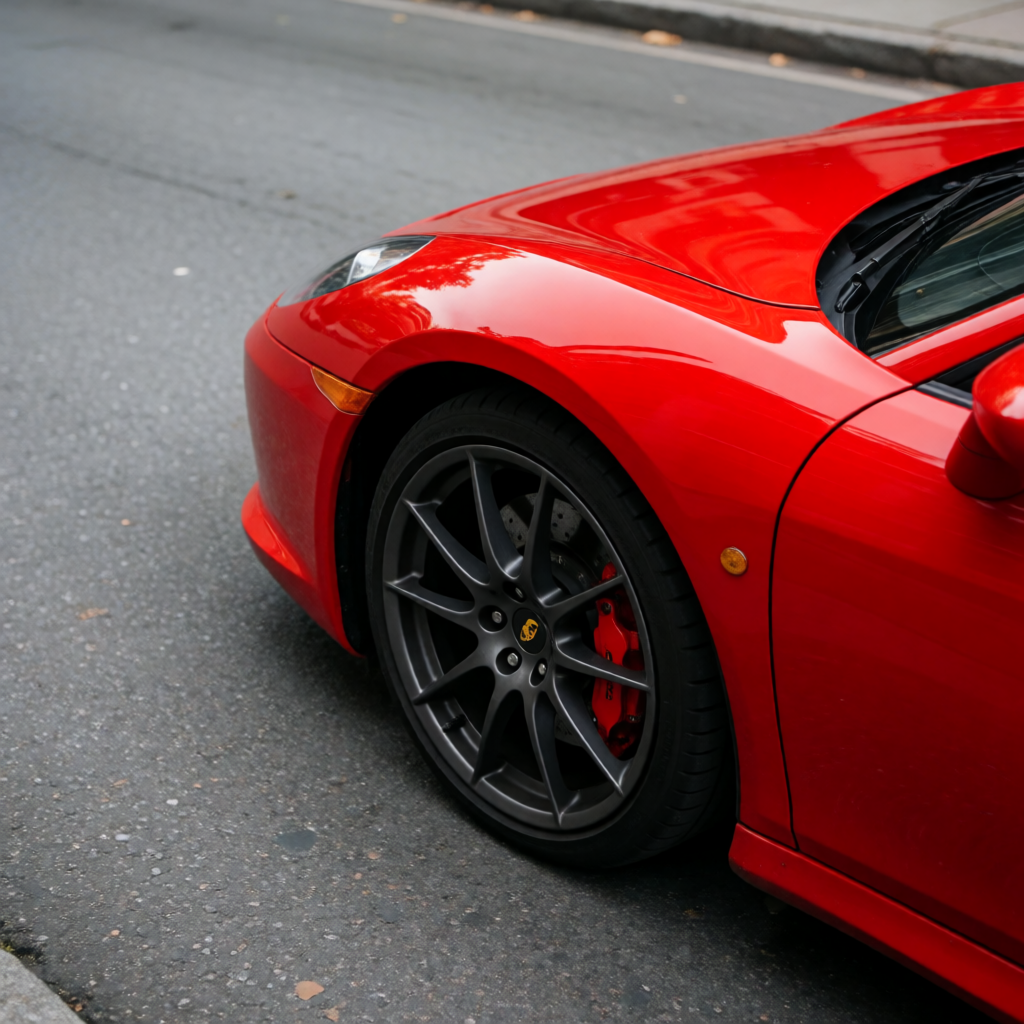 A bright red sports car parked on a gray asphalt road — the 