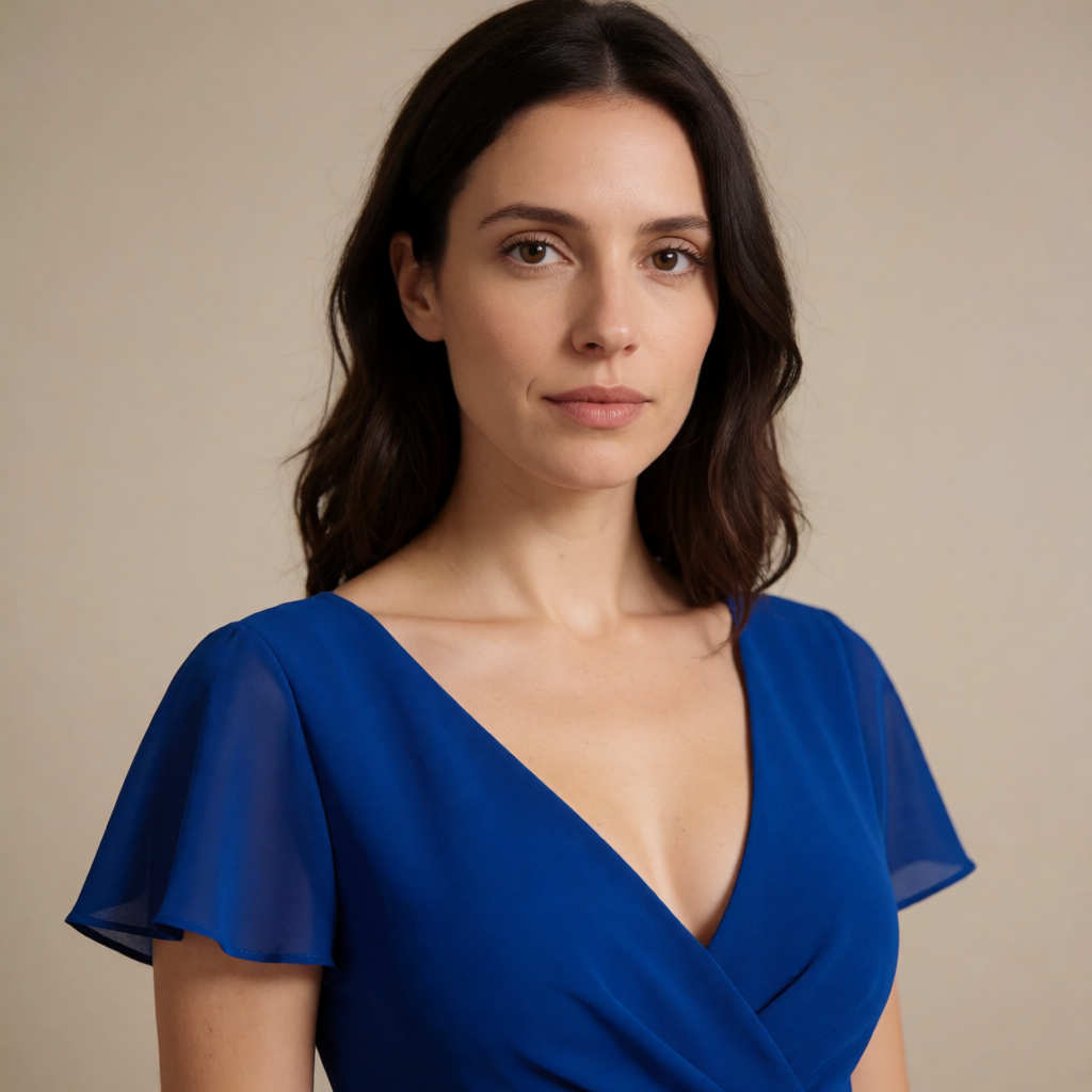 A woman wearing a royal blue evening dress against a neutral