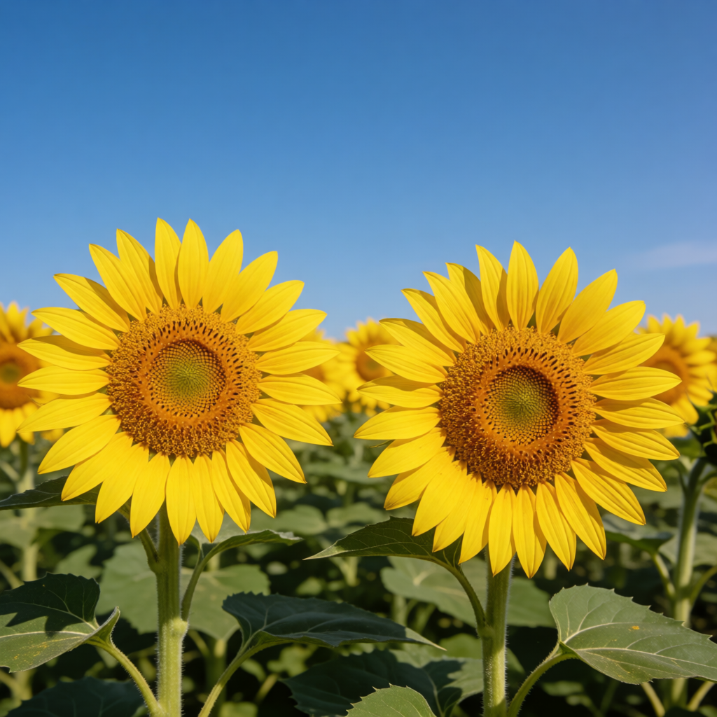 A field of pure sunflower yellow flowers under a clear blue 