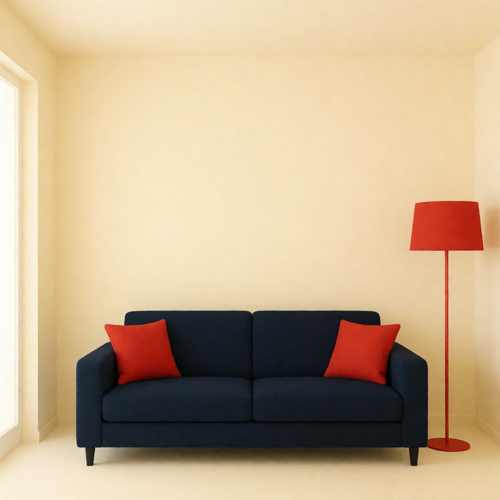 A minimalist room with walls in #F5E6CC (warm cream), a sofa