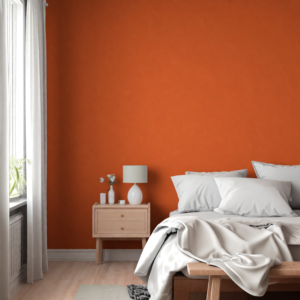 A bedroom wall painted in #FF6B35 (burnt orange) with white 