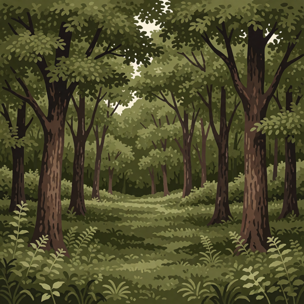 A forest scene where the foliage is precisely #2D5F2D (dark 