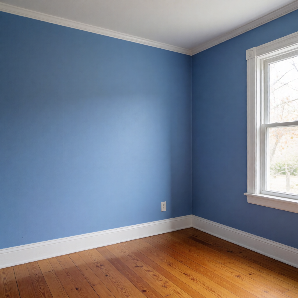 A room with walls in #4A90D9 (medium blue) with warm wooden 