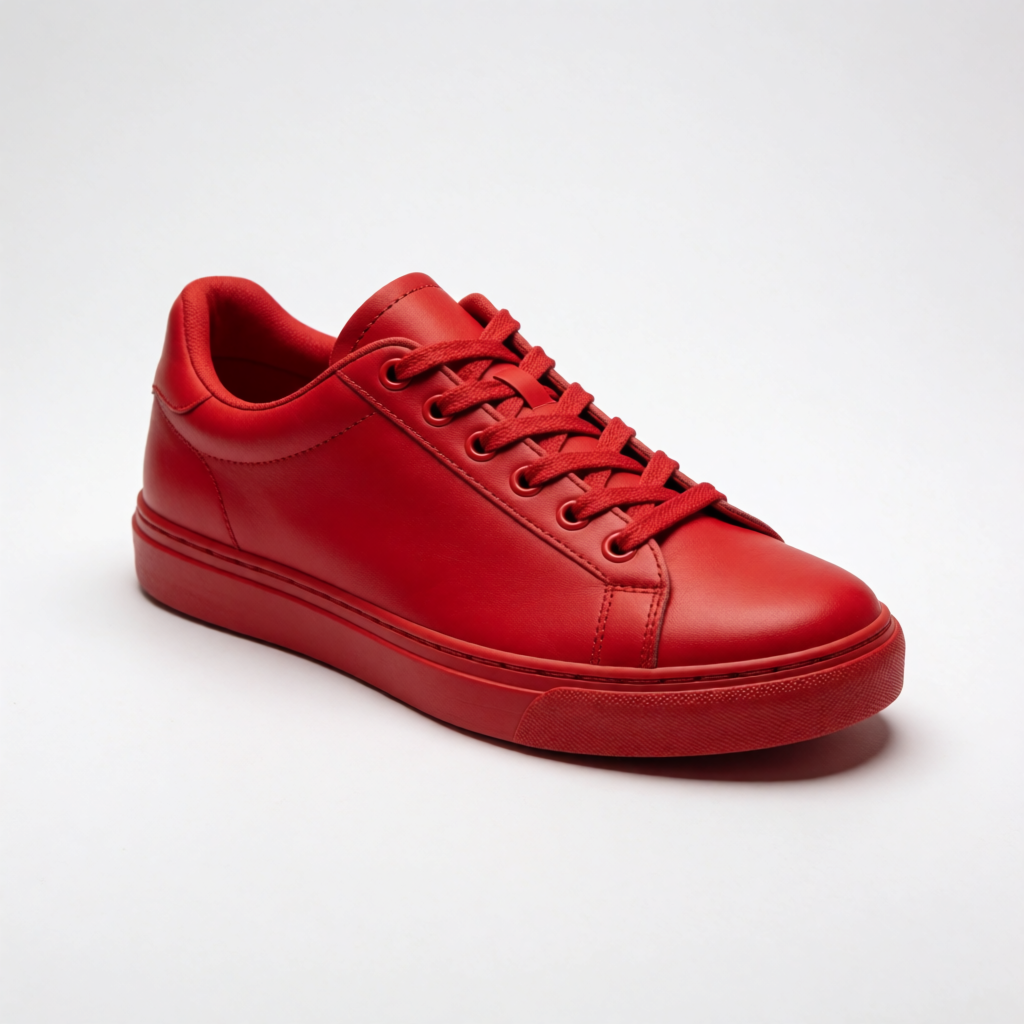 A single red sneaker on a clean white background with soft s