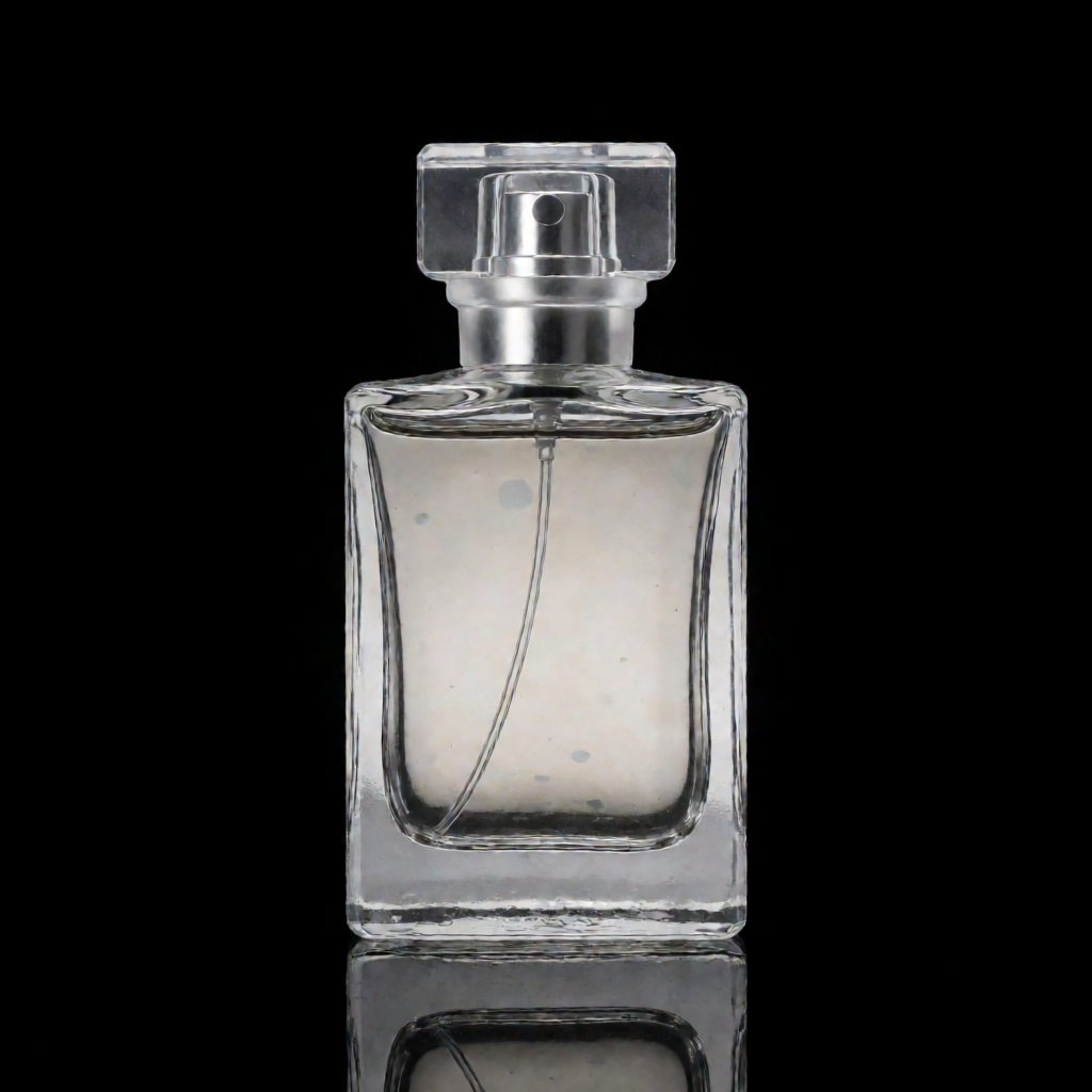 A clear glass perfume bottle on a reflective black surface w