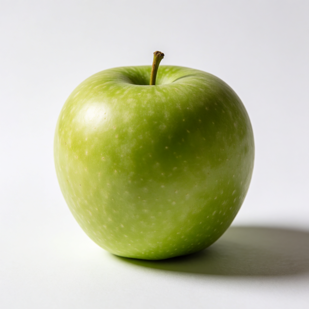 A ripe green apple on a seamless white background with soft 