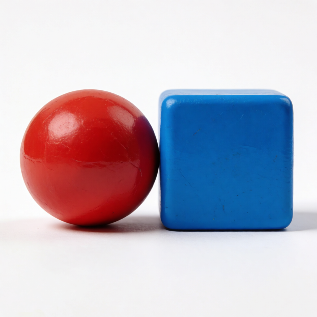 A red ball and a blue cube sitting side by side on a white s
