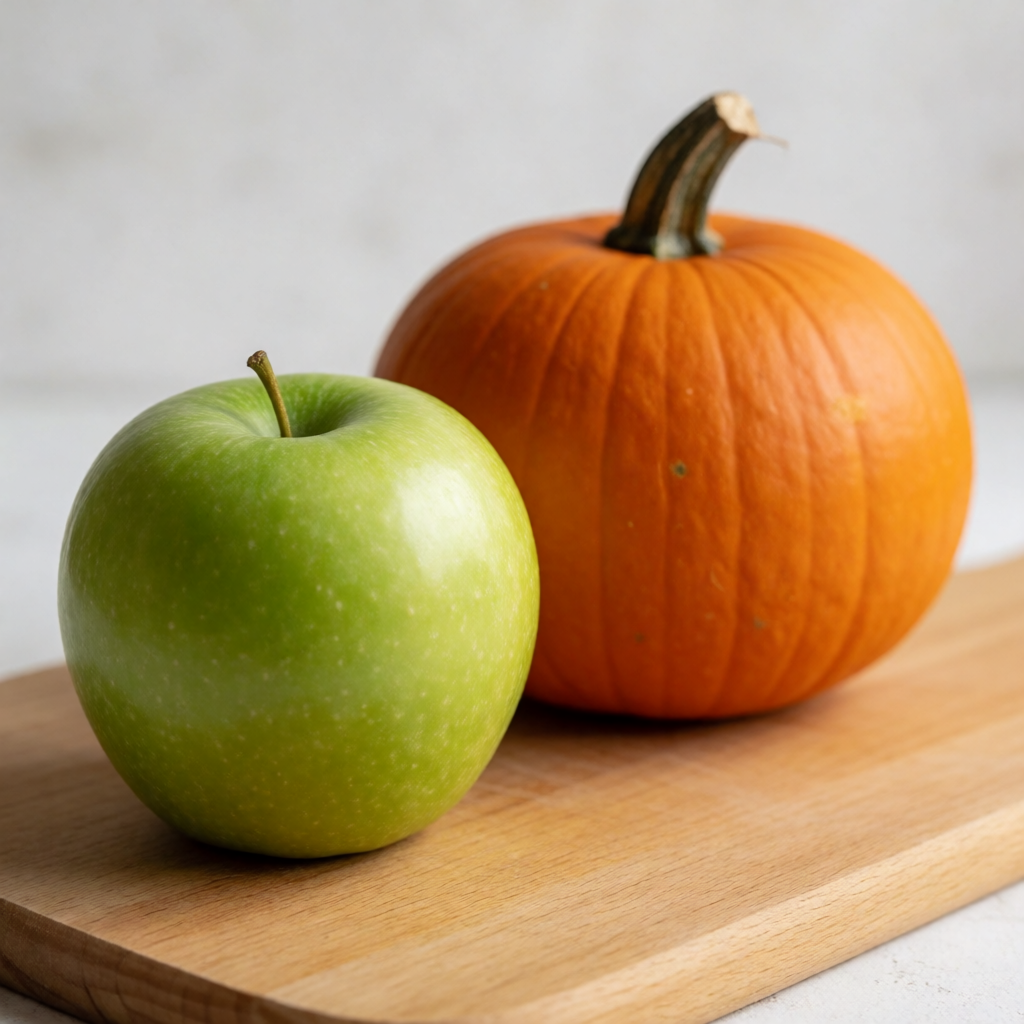 A green apple and an orange pumpkin on a wooden cutting boar