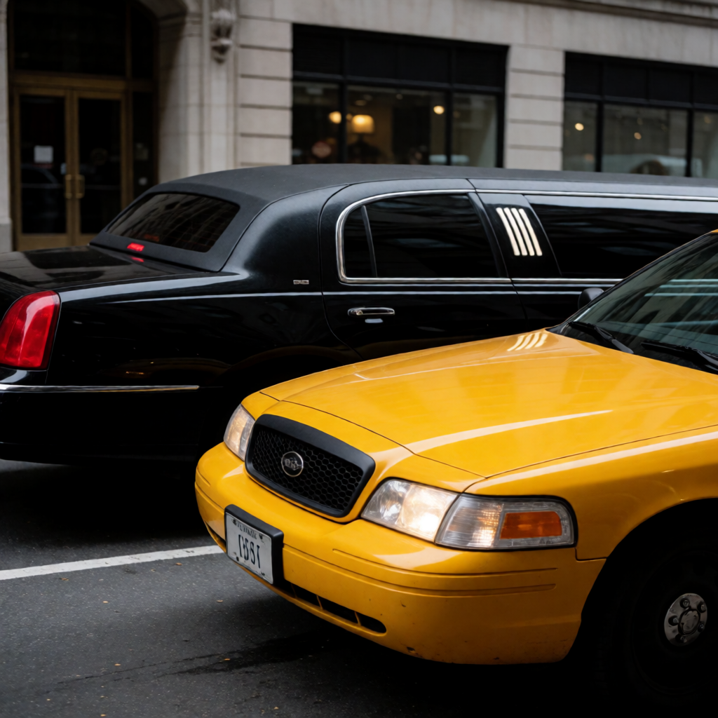 A yellow taxi and a black limousine parked next to each othe