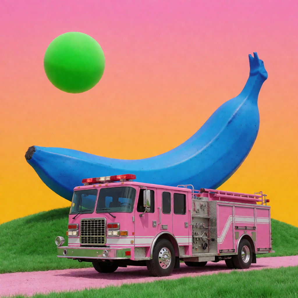A pink fire truck, a blue banana, and a green sun in a surre