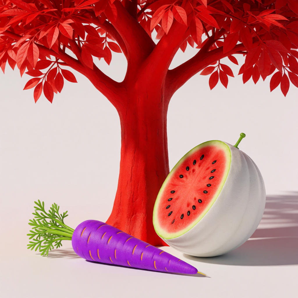A purple carrot, a red tree with red leaves, and a white wat