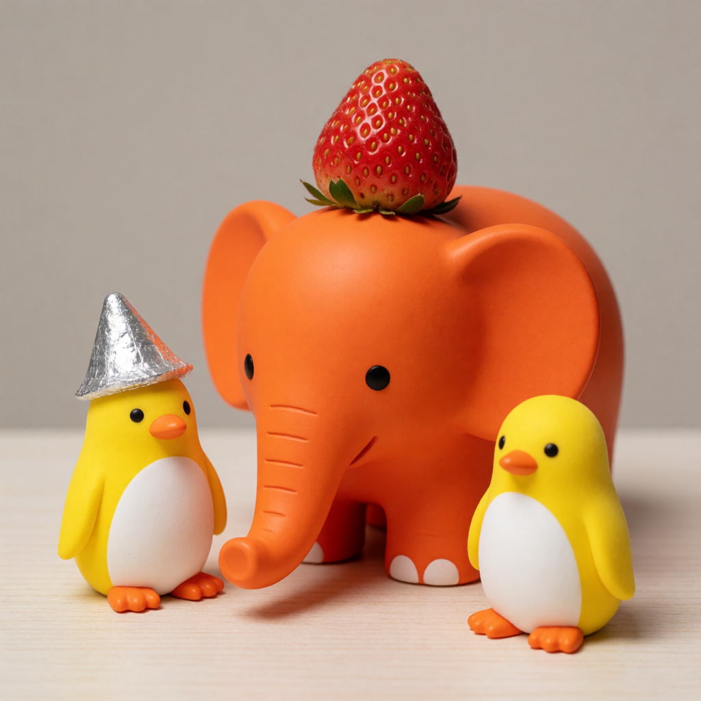 An orange elephant, a yellow penguin, and a silver strawberr