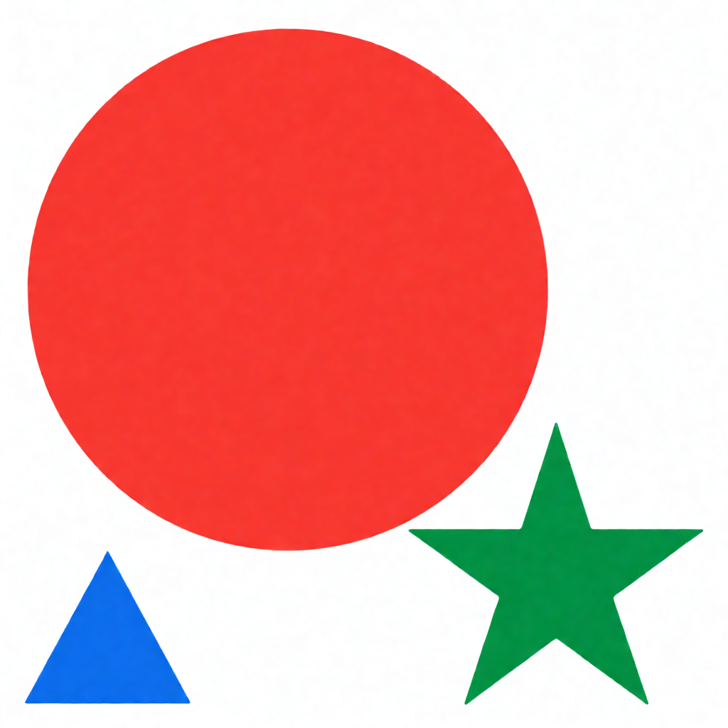 A large red circle, a small blue triangle, and a medium gree