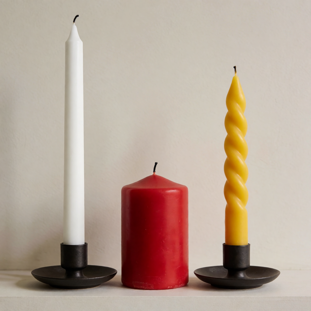 A tall thin white candle, a short fat red candle, and a medi