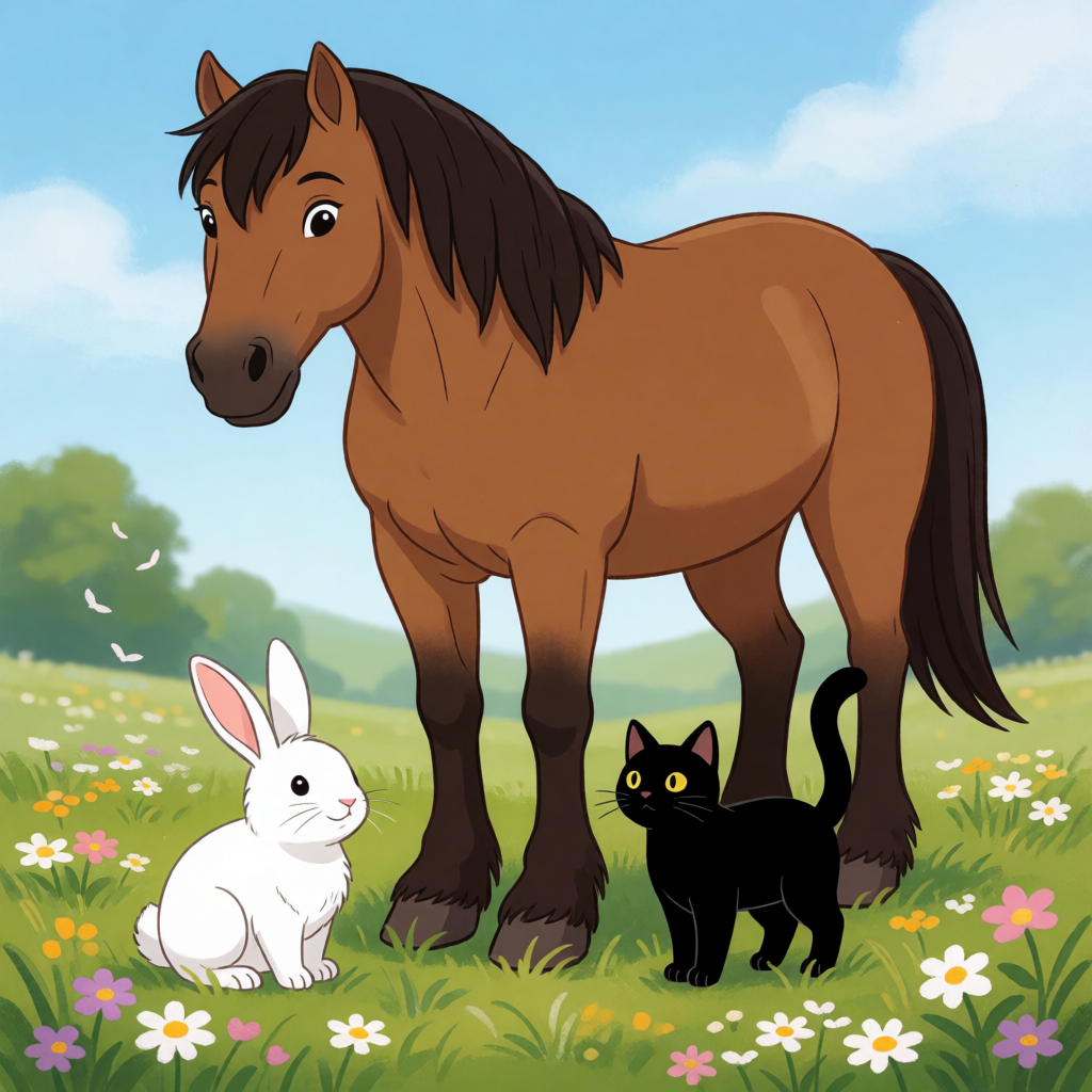 A big brown horse, a small white rabbit, and a medium-sized 